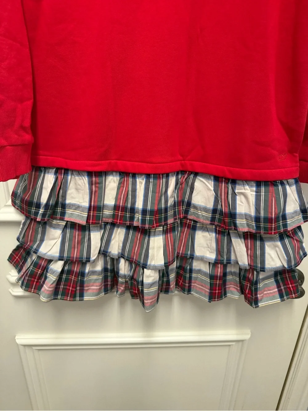 NWT Vineyard Vines Red Long-Sleeve Dress with Plaid Ruffle Hem